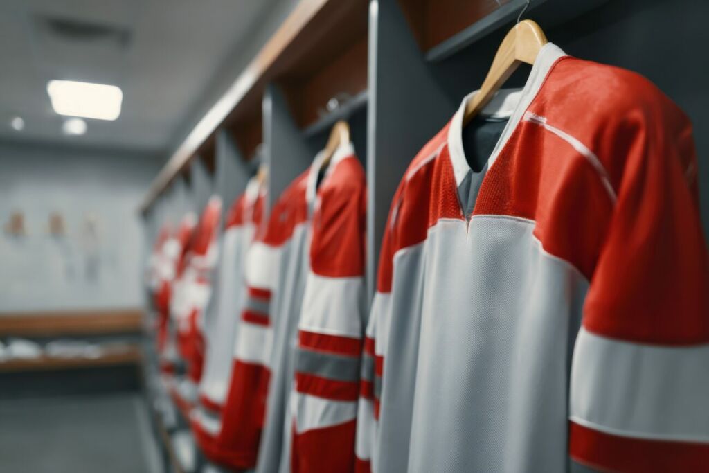 Hockey Practice Jerseys hanging in a locker room, ready for players to use during training sessions throughout the season